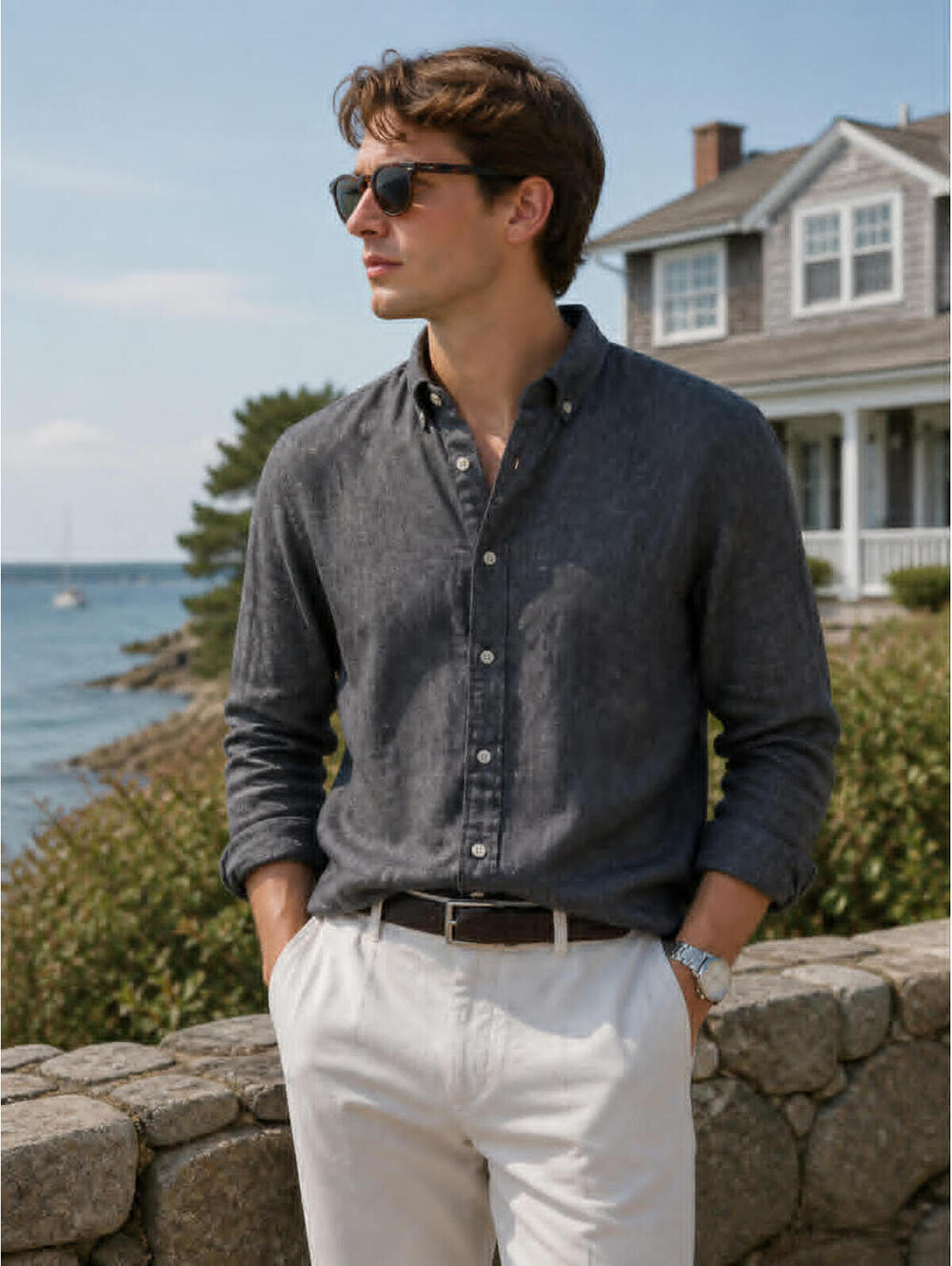 Simons Le 31 Gray 100% Linen Shirt Men XL Coastal Old Money Minimalist Vacation